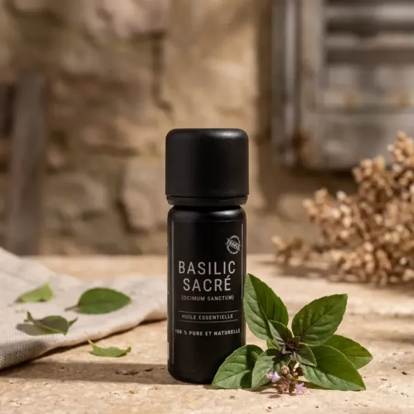 Flacon d’huile essentielle de basilic sacré Olessen et un brin de basilic sacré en fleur