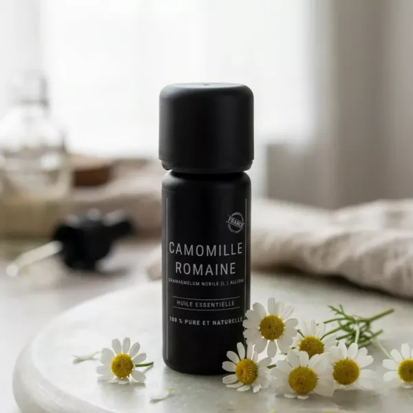 Flacon d’huile essentielle de camomille romaine Olessen parmi des fleurs de camomille