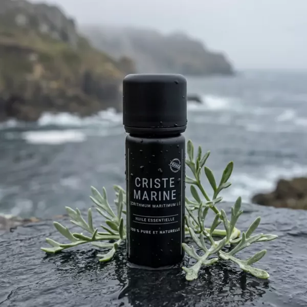 Flacon d’huile essentielle de criste marine Olessen sur un rocher, avec des brins de criste marine