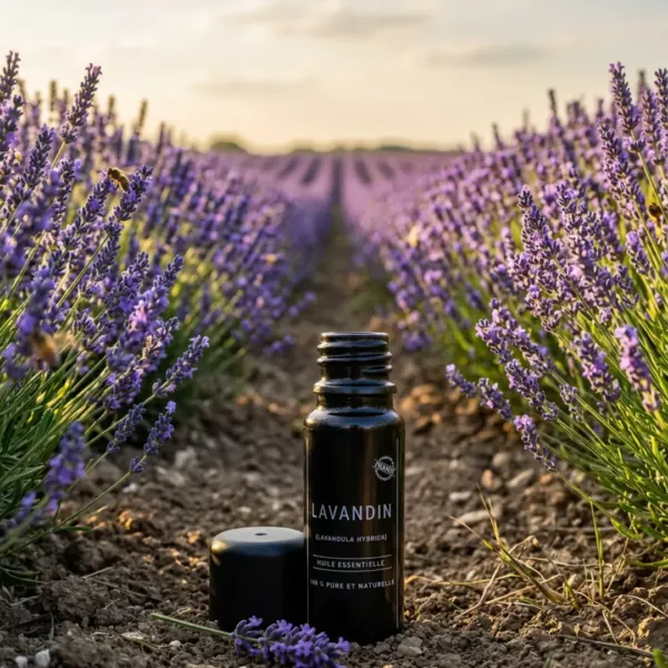 Flacon d’huile essentielle de lavandin Olessen entre deux rangs de lavandin en fleurs
