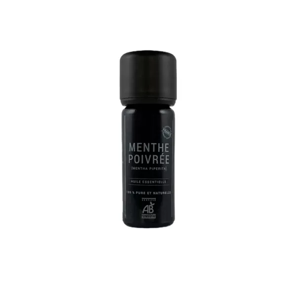 Flacon de 10 ml d’huile essentielle de menthe poivrée BIO Olessen, cultivée et distillée en Normandie