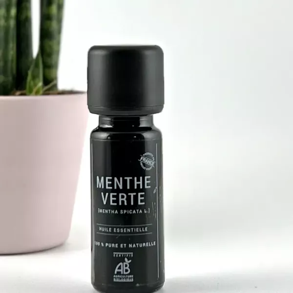Flacon d’huile essentielle de menthe verte BIO Olessen devant une plante verte