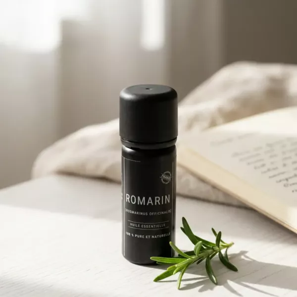 Flacon d’huile essentielle de romarin Olessen et un brin de romarin frais
